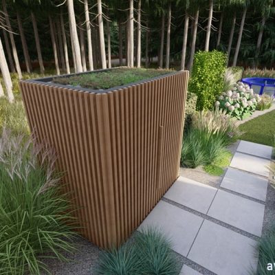 Domek ogodowy z zielonym dachem