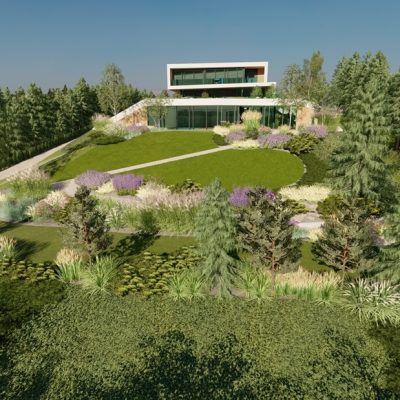 Projekt zagospodarowania ogrodu na skarpie nad jeziorem - plan 3D Skoki