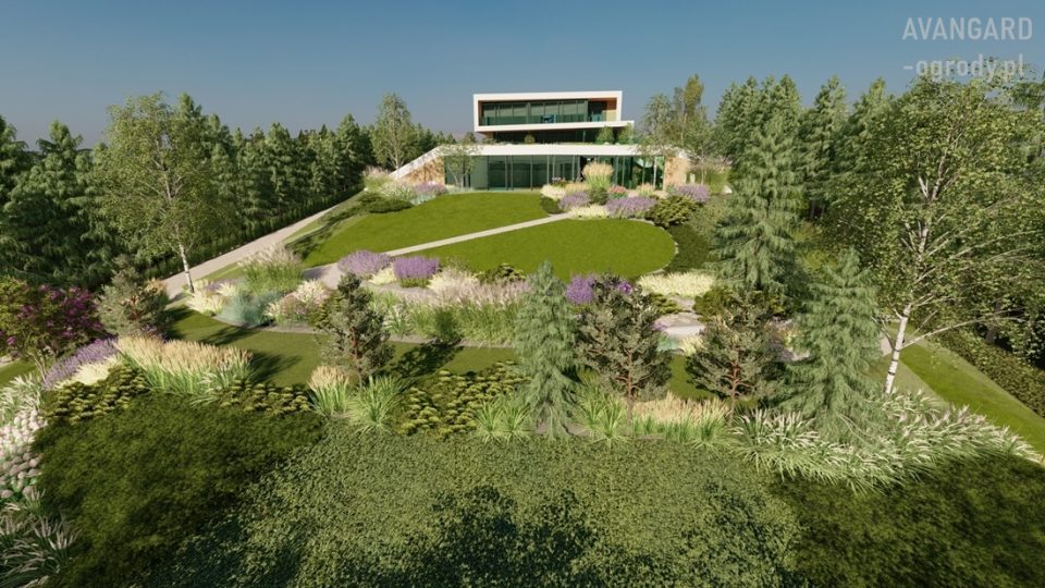 Projekt zagospodarowania ogrodu na skarpie nad jeziorem - plan 3D Skoki